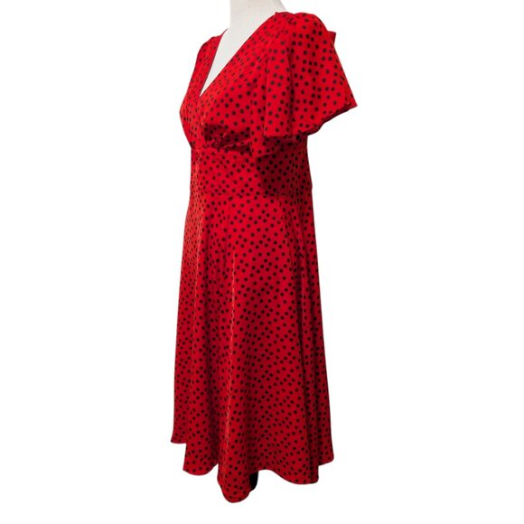 Unique Vintage Womens Size L/10-12 Red Black Polka Dot Bow Tie Midi Swing Dress - Picture 3 of 11